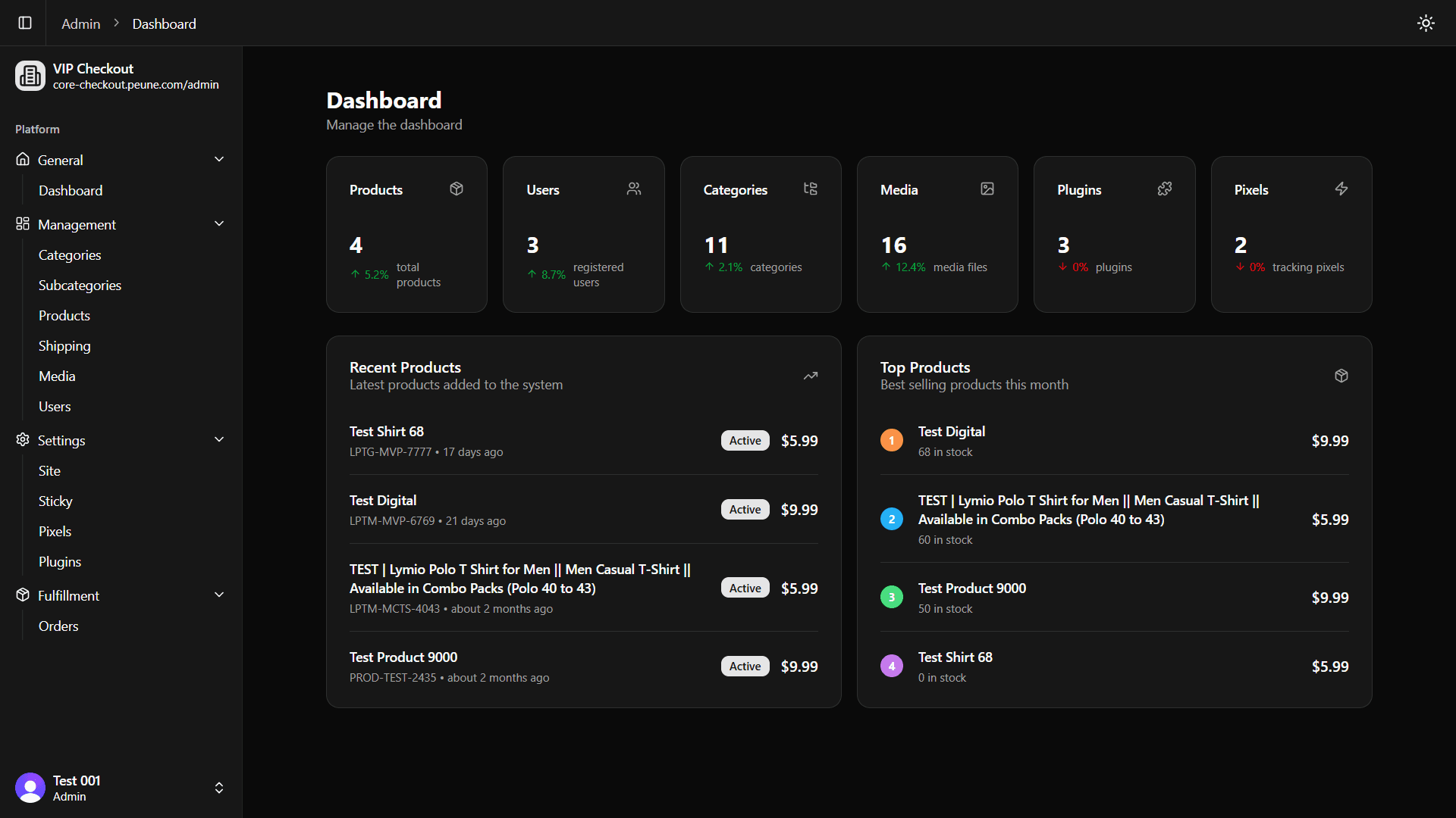 Admin dashboard with analytics cards, product table, and order management widgets.