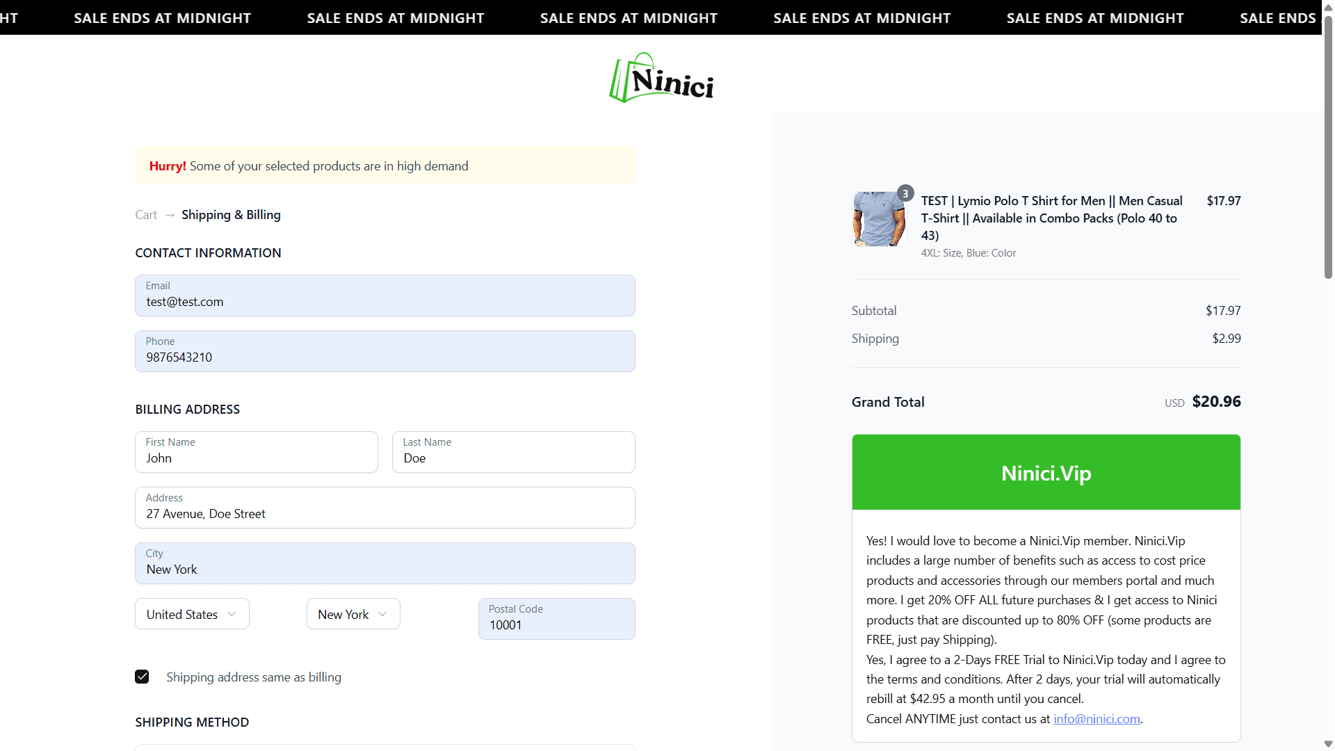 Checkout page pre-populated via permalink with items and quantities ready for order.